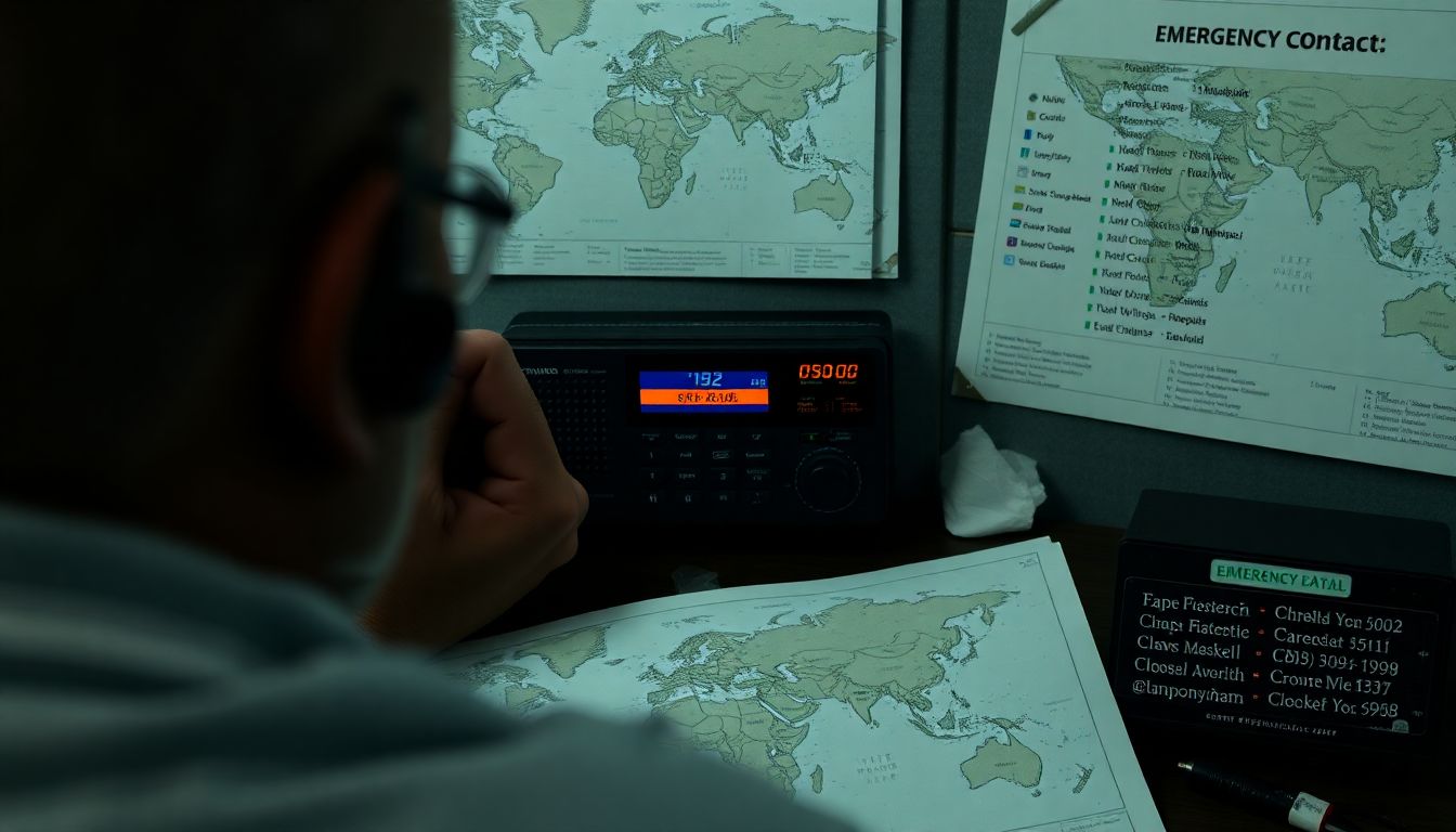 A person listening to a radio, with a map of the world and a list of emergency contact numbers nearby.