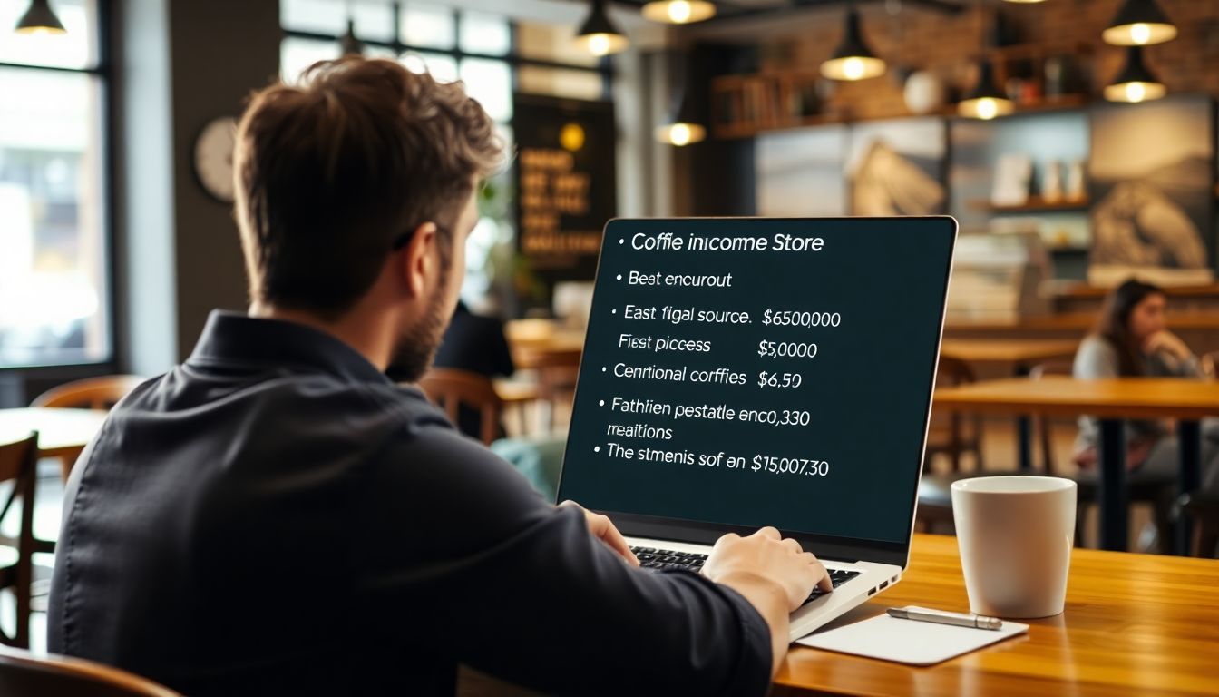 A person working on a laptop in a coffee shop, with multiple income sources listed on the screen.