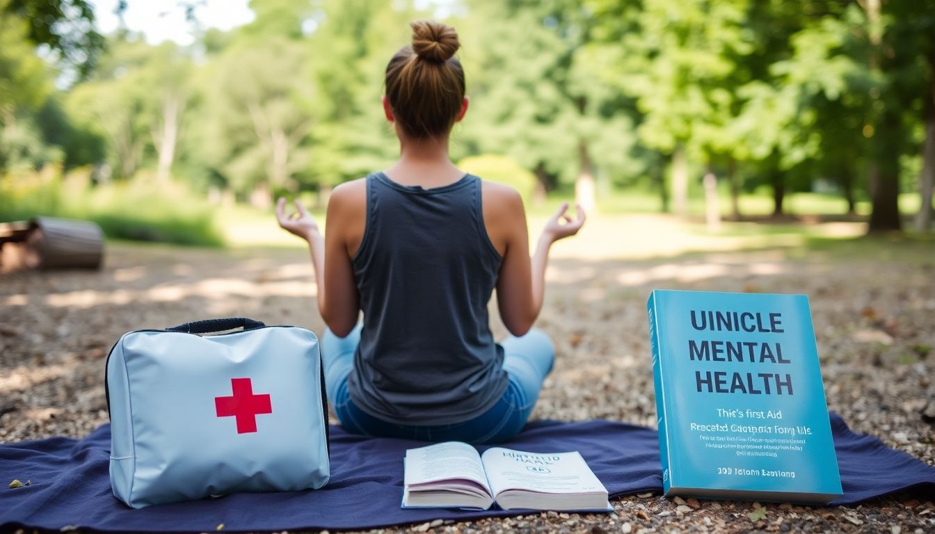 A person meditating in a peaceful outdoor setting, with a first aid kit and a book on mental health nearby.