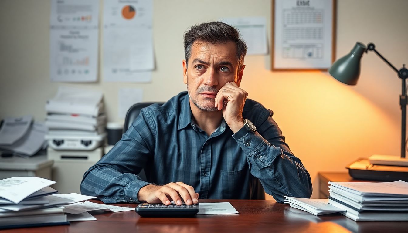 A person sitting at a desk, surrounded by papers and a calculator, looking thoughtful and concerned.