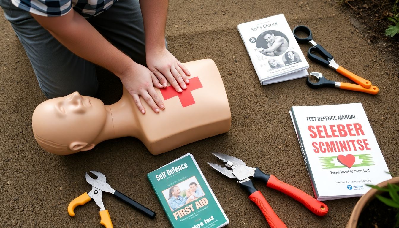 A person practicing first aid on a dummy, with gardening tools and a self-defense manual nearby.