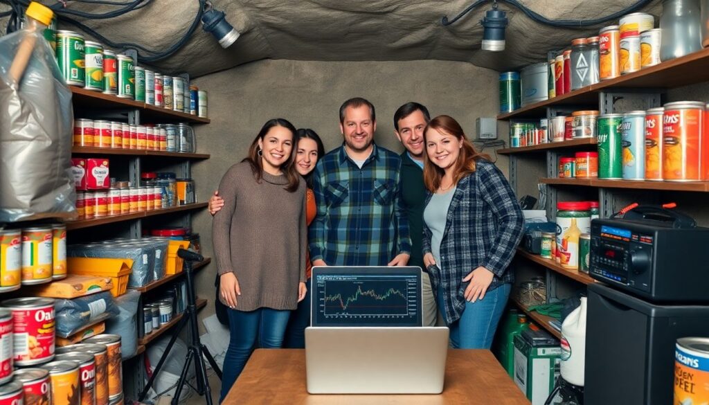 A resilient family standing united in their well-stocked underground bunker, surrounded by shelves of canned goods, water, and essential supplies, with a laptop showing financial graphs and a radio tuned to emergency broadcasts, symbolizing their readiness for a financial collapse.