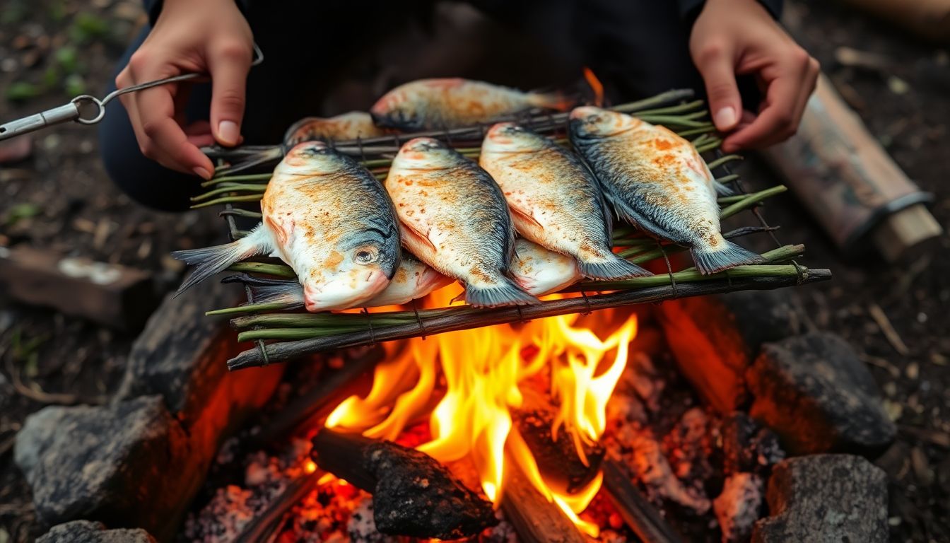 A person cooking fish over an open fire, with a makeshift grill made from green branches