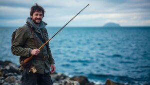 A lone survivor, dressed in rugged clothing, stands on a rocky shore, holding a handmade fishing rod and a small, determined smile. In the background, a vast, calm sea stretches out, with a hint of a distant, mysterious landmass.