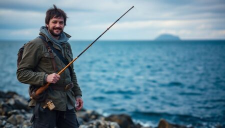 A lone survivor, dressed in rugged clothing, stands on a rocky shore, holding a handmade fishing rod and a small, determined smile. In the background, a vast, calm sea stretches out, with a hint of a distant, mysterious landmass.