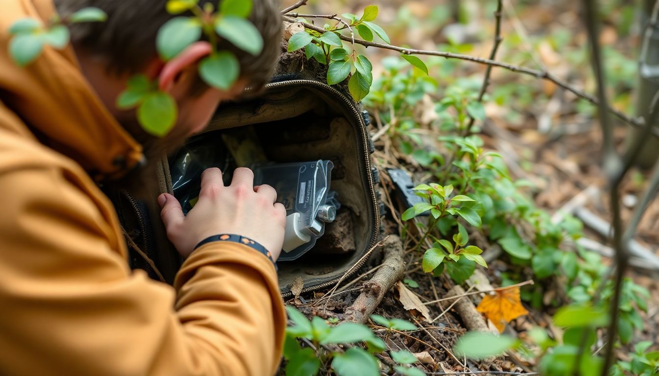 A person checking on a cache, updating its contents, and making sure it's still well-hidden.