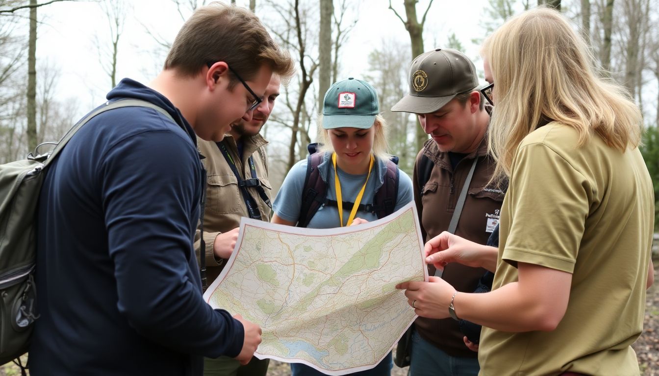 A group of people sharing a map and discussing cache locations, with a sense of camaraderie and shared purpose.