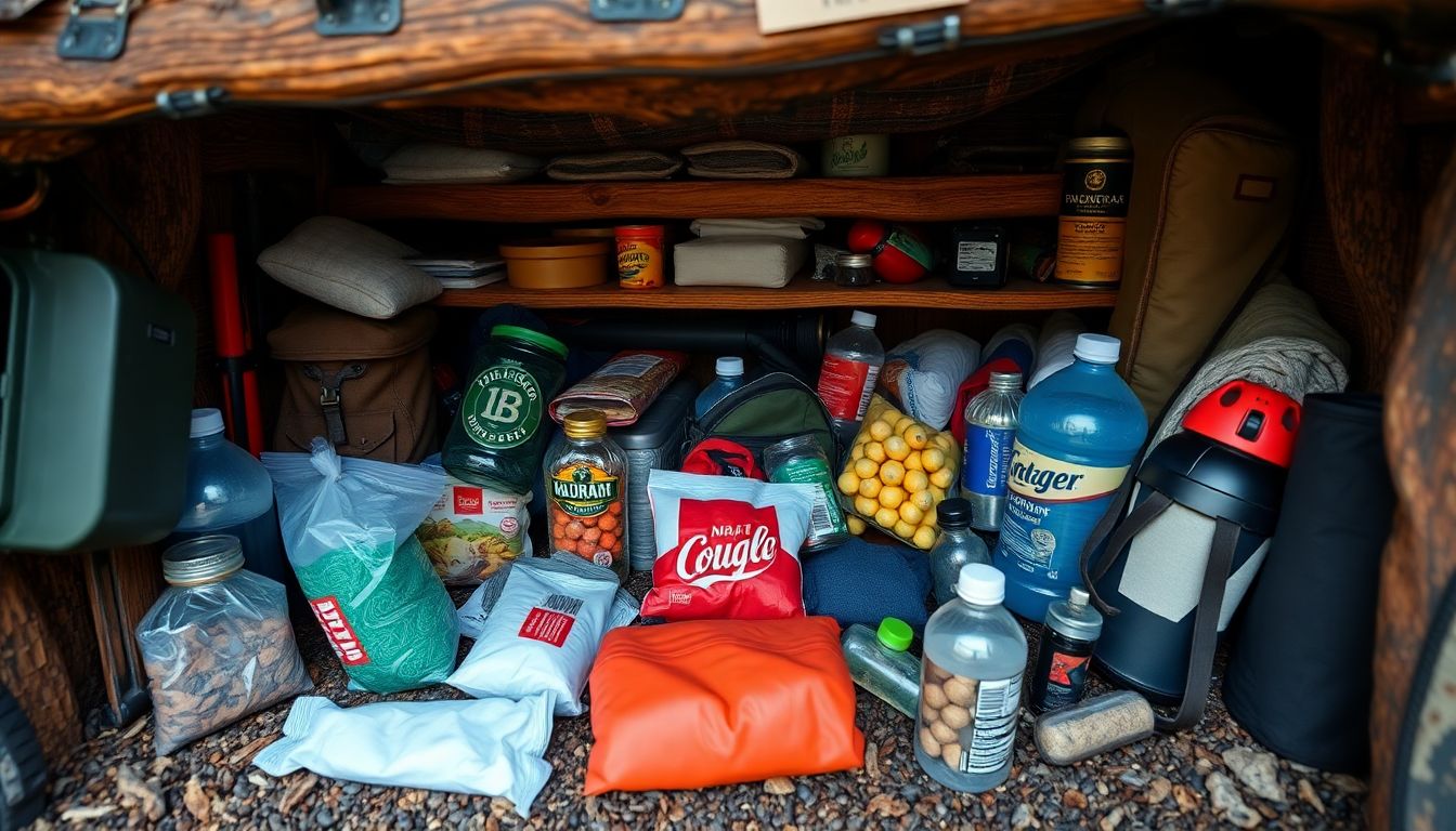 A well-organized cache filled with survival gear, food, water, and other essentials.