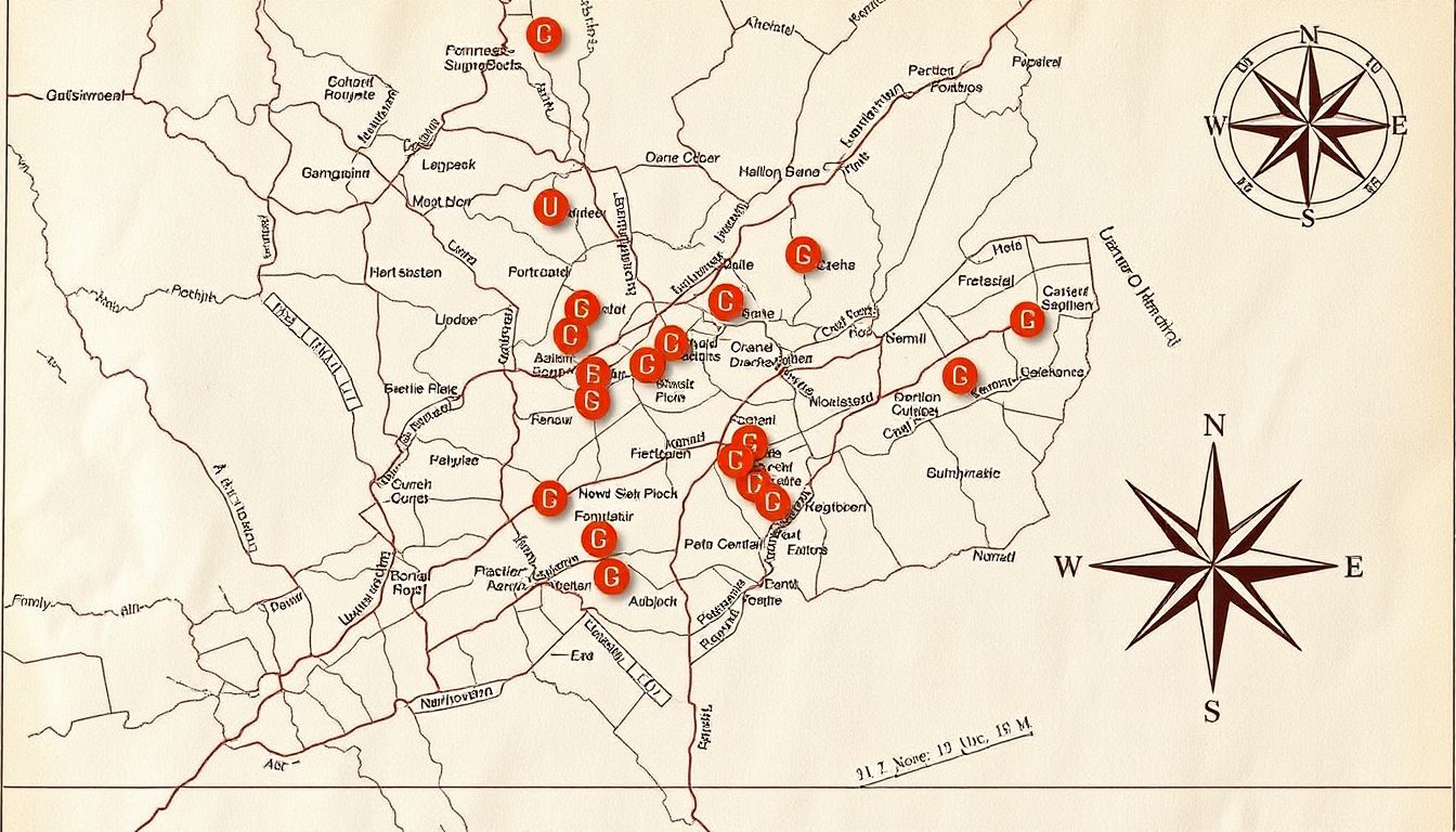 A detailed map with marked cache locations, surrounded by a compass rose and a scale.