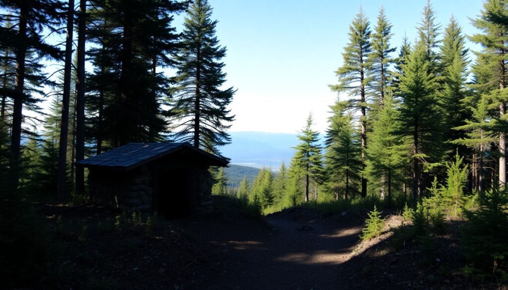 A well-camouflaged survival cache buried in a dense forest, with a subtle hint of a hidden trail leading to it, under a clear blue sky with a hint of a distant mountain range.