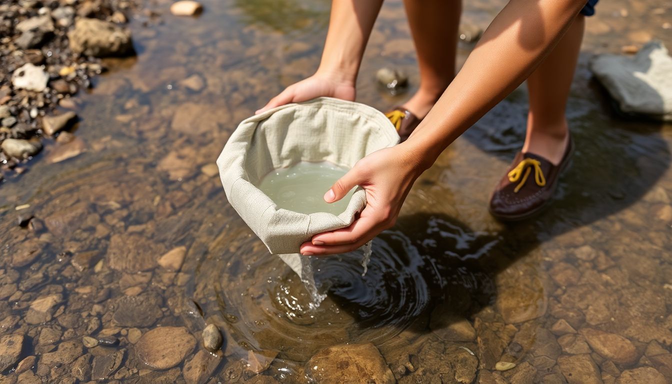 A person collecting water from a stream using a cloth filter