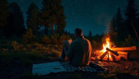 A lone figure sitting by a crackling campfire, engrossed in a well-worn book, with a map and compass laid out beside them, surrounded by lush greenery and a clear night sky filled with stars.