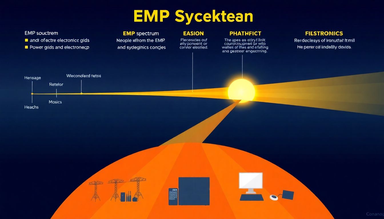 An infographic illustrating the EMP spectrum, its sources, and the domino effect on power grids and electronics.