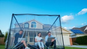 A family in a suburban home, surrounded by a Faraday cage, with various electronic devices inside, and a solar-powered backup system visible in the background, all under a clear blue sky with a hint of a distant storm cloud.