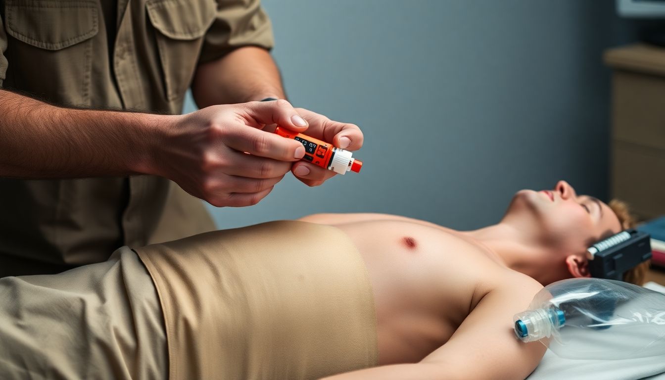 A prepper administering an epinephrine auto-injector to a mock patient, with a chest decompression needle and a bag valve mask nearby.