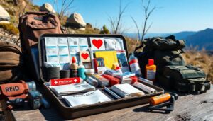 A well-equipped prepper's medical kit, open on a rustic wooden table, with bandages, antiseptics, tourniquets, and advanced medical supplies like an AED and epinephrine auto-injectors, surrounded by wilderness and survival gear, under a clear blue sky.