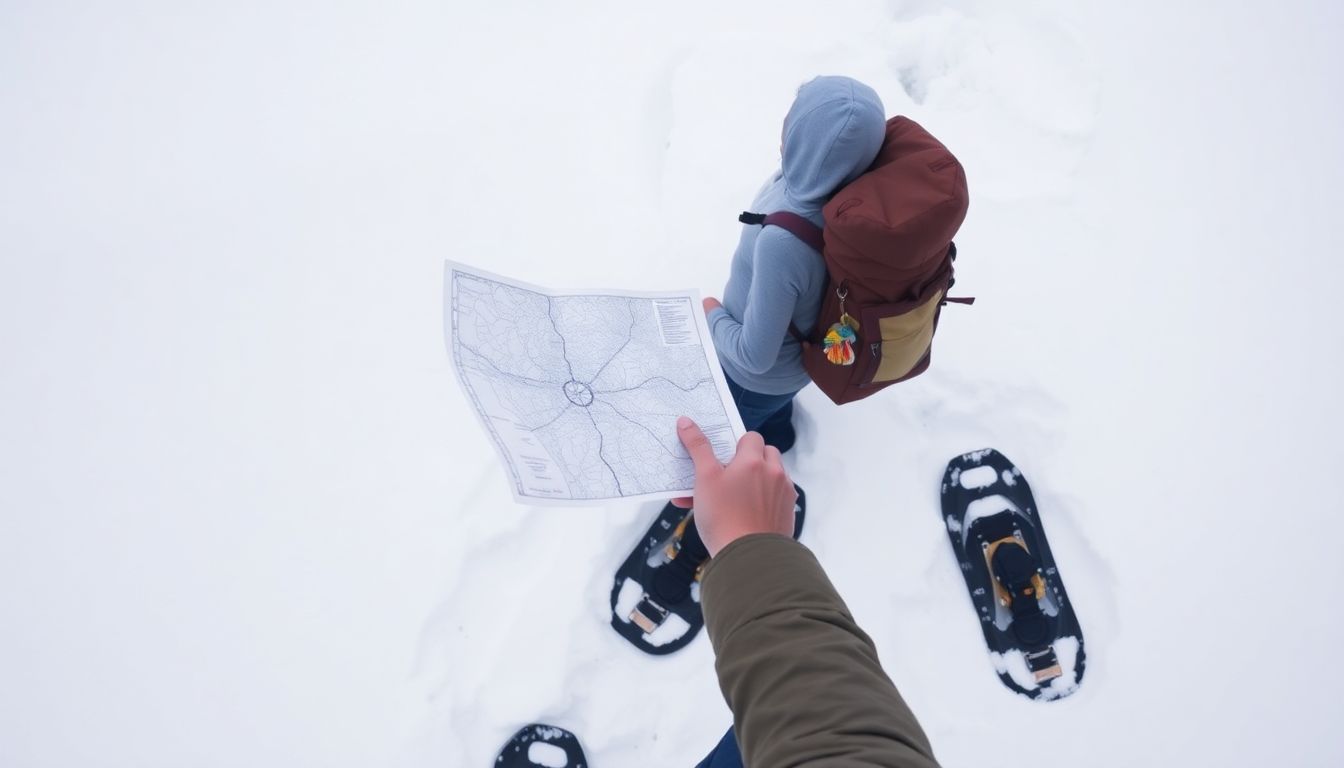 A person using a map and compass to navigate through deep snow, with snowshoes on their feet and a backpack filled with supplies.