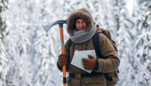 A lone figure, bundled in warm, layered clothing, stands against a backdrop of a snow-covered forest, holding an ice axe and a map, with a determined look on their face, ready to embark on a winter survival journey.