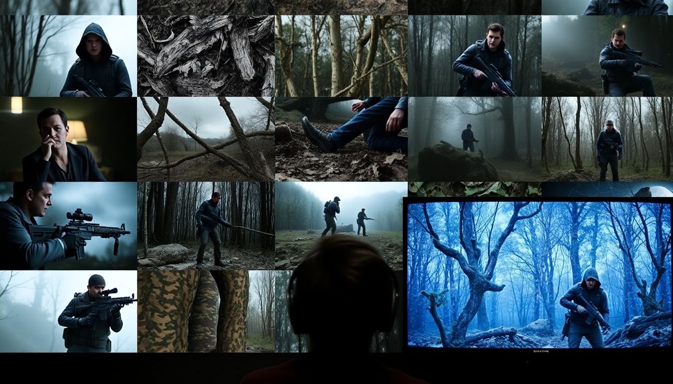 A montage of camouflage scenes from movies, books, and video games, with a person watching them on a TV screen.