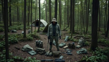 A lone figure, dressed in earthy tones, blends seamlessly into a dense forest, surrounded by a circle of camouflaged gear and tools, with a hint of a hidden shelter in the background.