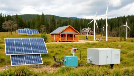 A diverse landscape with various renewable energy sources like solar panels, wind turbines, and a hydroelectric generator, all connected to a DIY off-grid power system, with a cozy, self-sufficient cabin in the background.