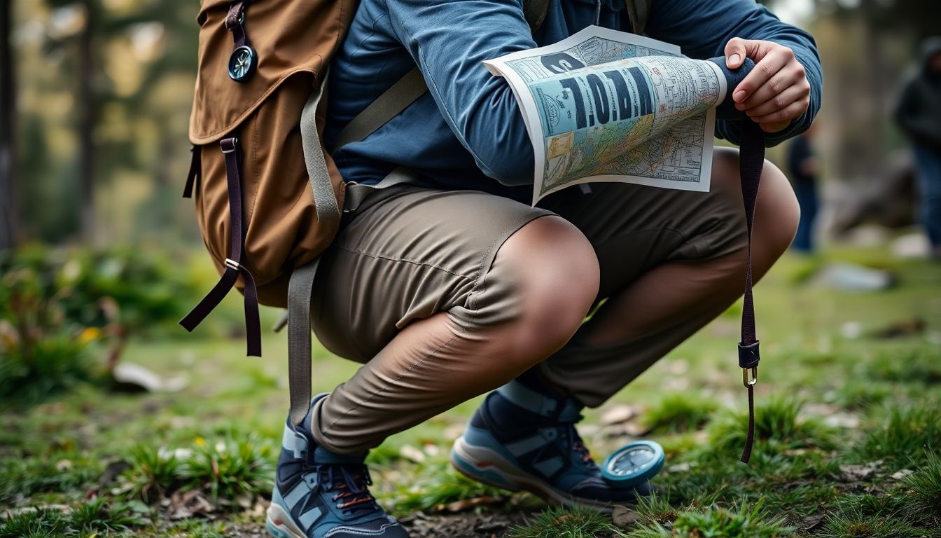 A person performing a squat while holding a heavy pack, with a map and compass nearby.