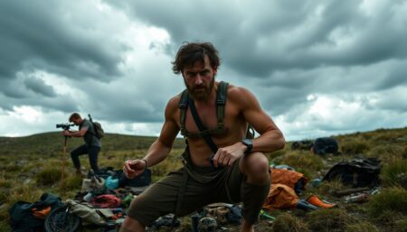 A rugged, determined individual performing a variety of exercises in a wilderness setting, with survival gear scattered around, under a dramatic, stormy sky.