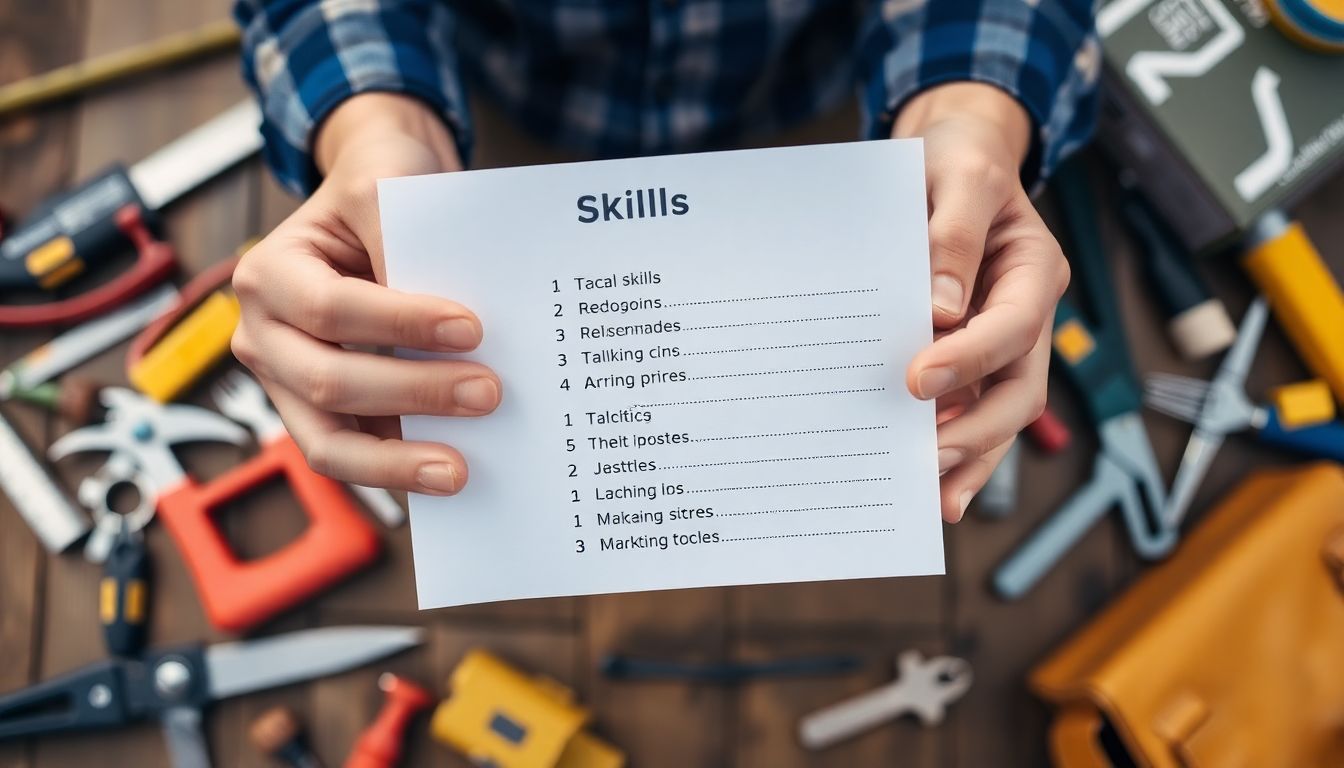 A person holding a list of skills, with tools and other assets scattered around them, symbolizing the importance of both tangible and intangible resources.