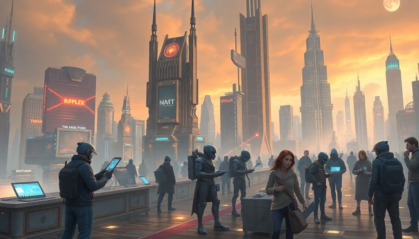 A futuristic cityscape, with people engaging in high-tech bartering transactions using advanced tools and devices.