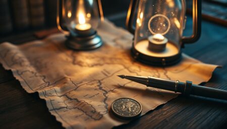 A close-up of a worn-out map, a quill pen, and an old coin on a wooden table, with a lantern casting a warm glow, symbolizing the importance of knowledge, communication, and value in a post-collapse trading scenario.