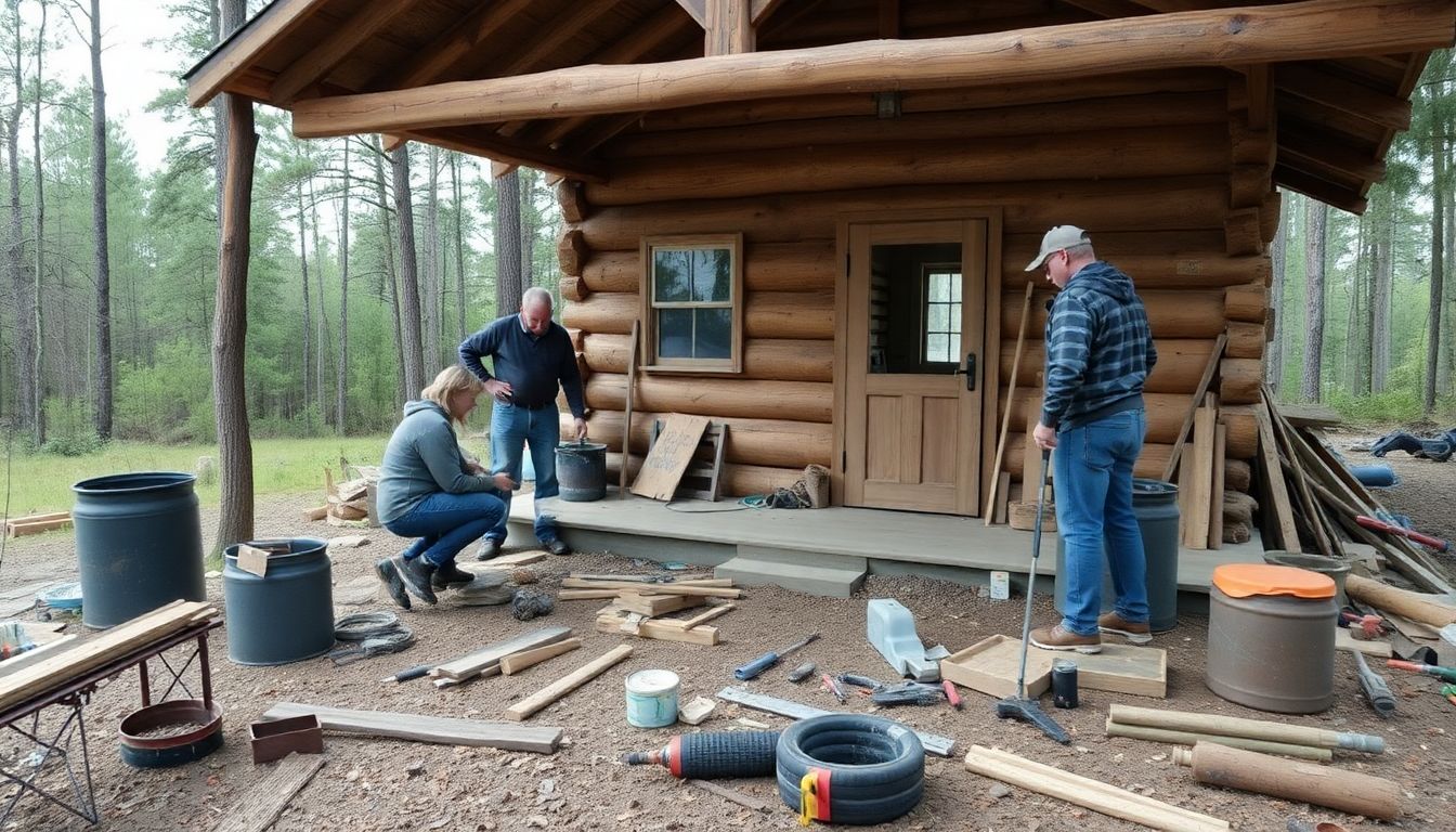 A prepper family working together to build a cabin on their bug-out location, with various tools and materials scattered around the site.