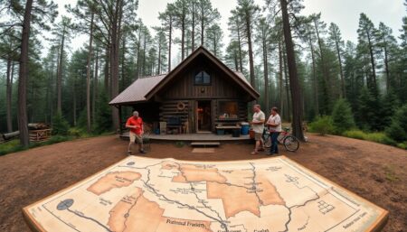 A panoramic view of a well-equipped, secluded cabin nestled in a dense forest, with a prepper family engaged in various survival activities, such as gathering firewood, checking their garden, and practicing shooting at a makeshift range, with a map of potential bug-out locations spread out on a table in the foreground.