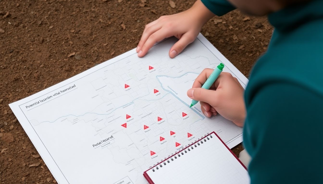 A map of the local area marked with potential hazards, with a person studying it, a notebook, and a highlighter nearby.