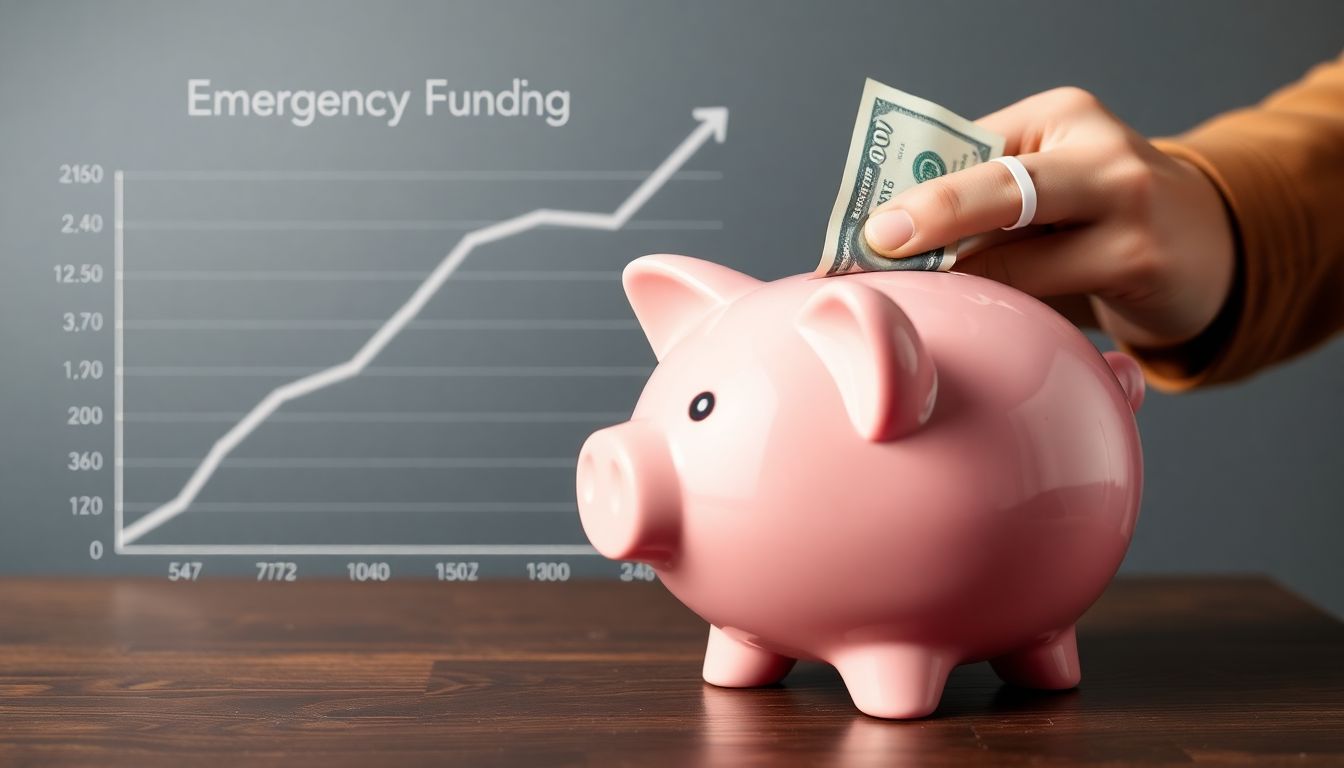 A person putting cash into a piggy bank, with a chart showing the growth of an emergency fund over time in the background.