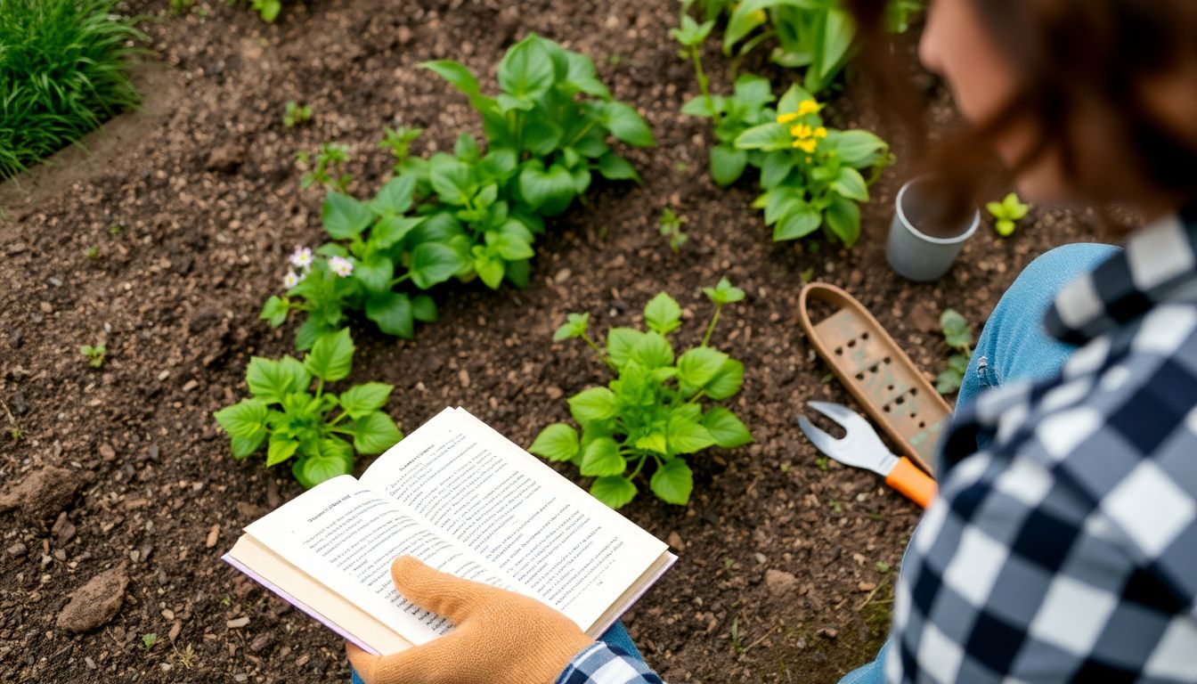 A person reading a book on gardening while tending to a small garden, with tools and gloves nearby.