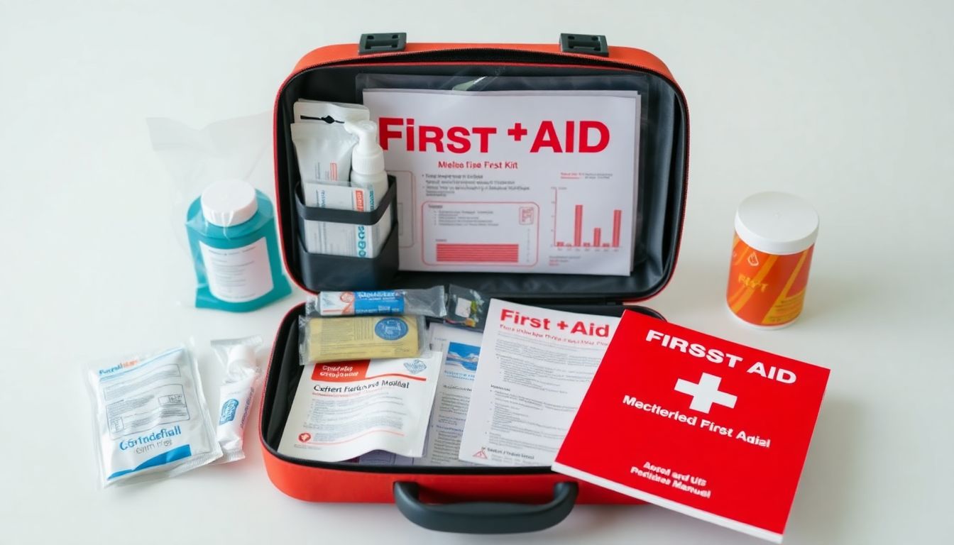 A first aid kit open on a table, with medical supplies and a first aid manual visible.