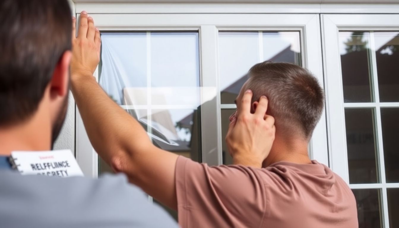 A person reinforcing their home's windows with security film, with a self-defense manual and a basic self-defense tool nearby.