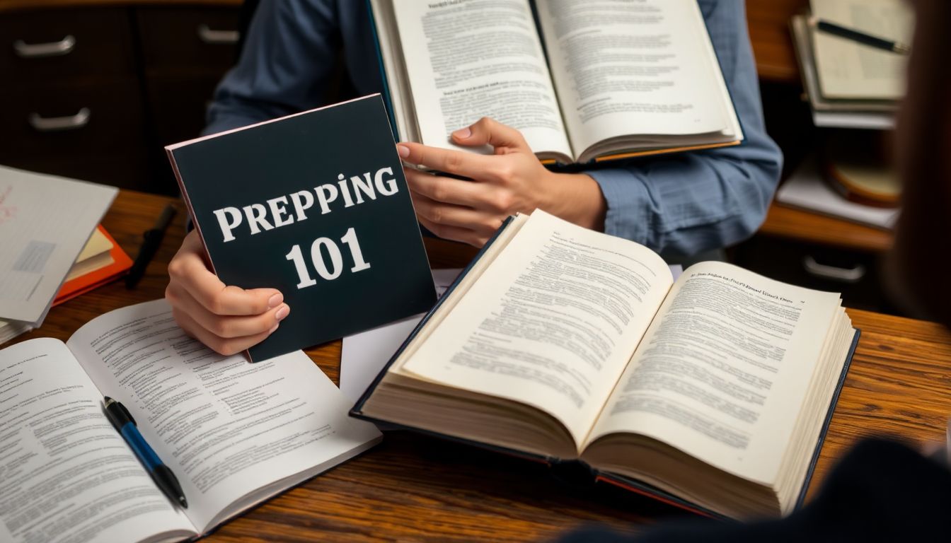 A person reading a book titled 'Prepping 101' while sitting at a desk with a notepad and pen, surrounded by open books and notes.