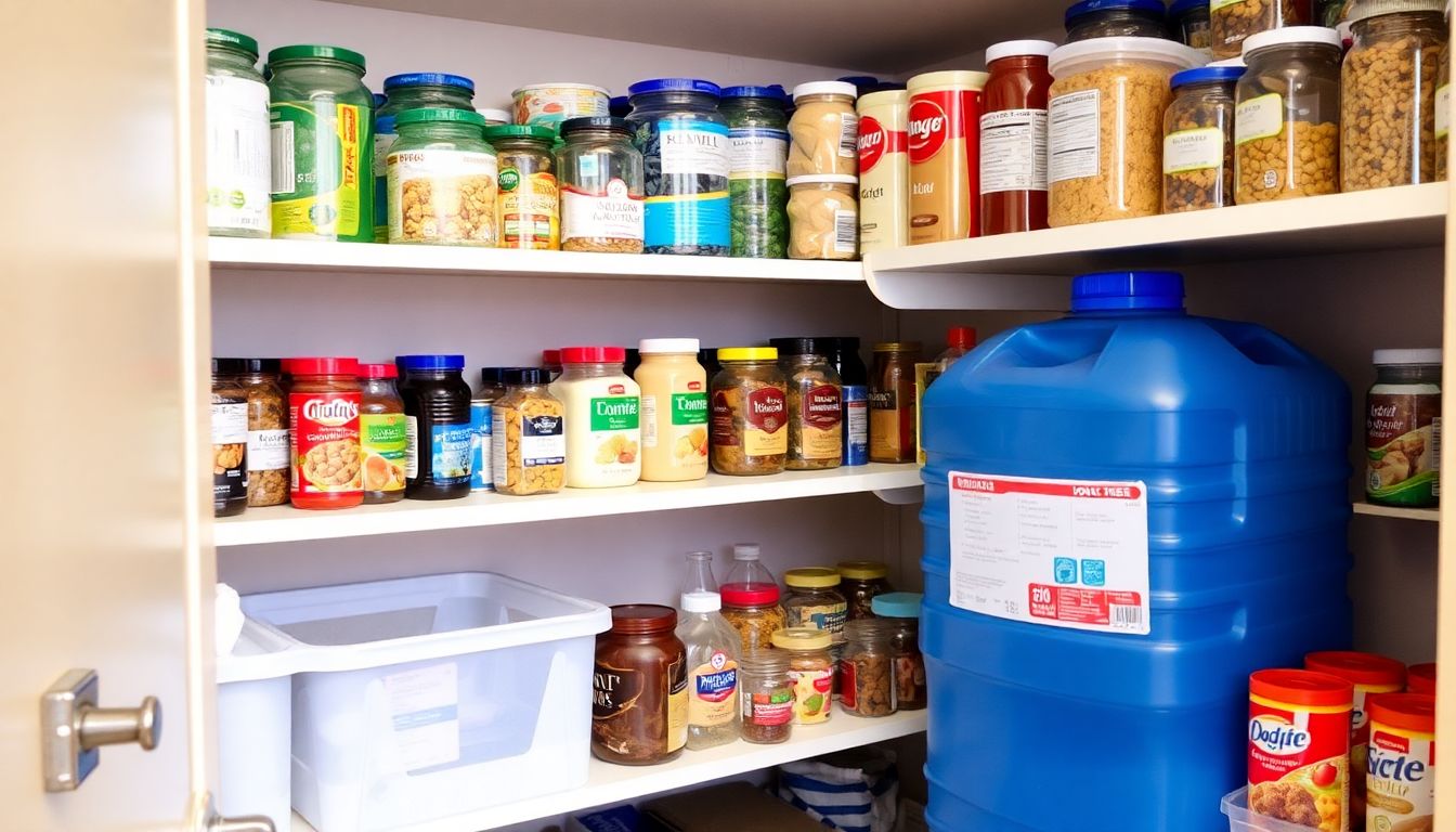 A well-organized pantry filled with non-perishable food items, with a large water storage container in the corner.