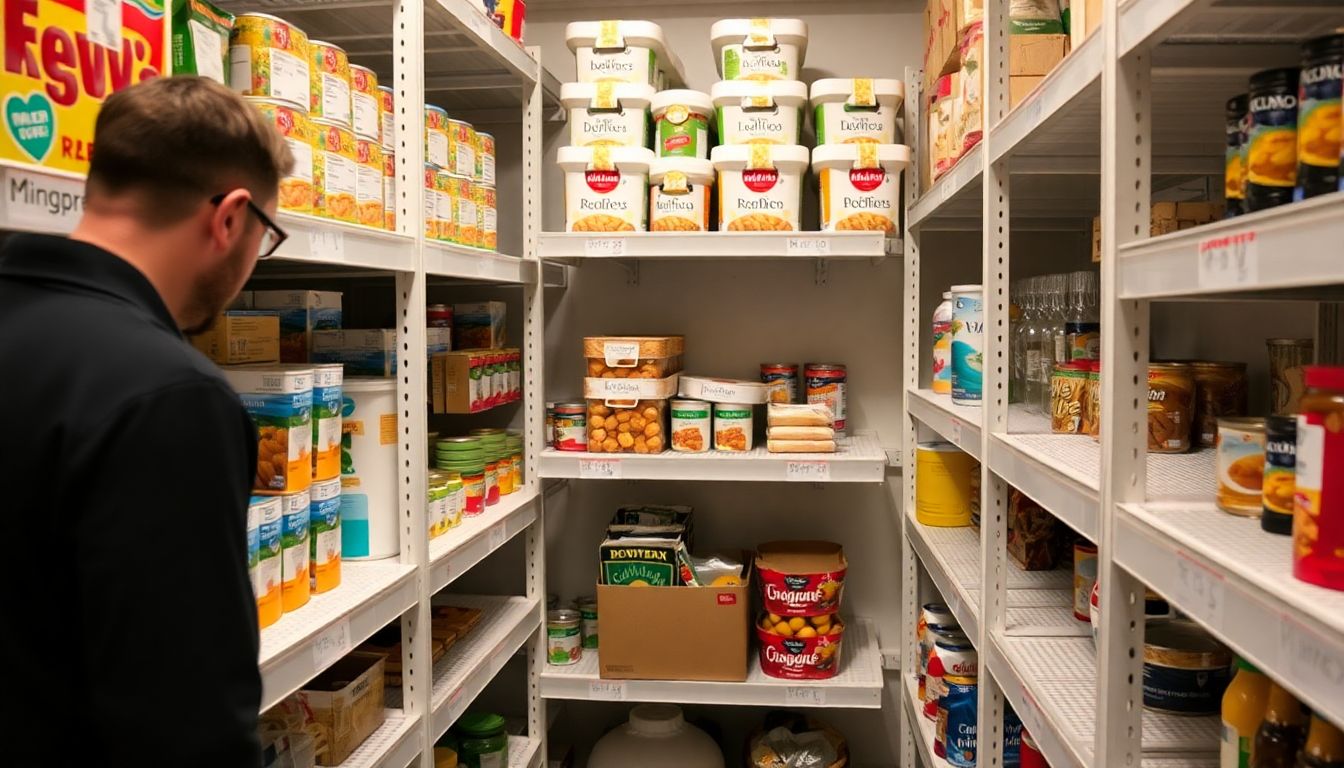 A well-organized storage area with clearly labeled shelves, a person checking the dates on food items and rotating them as needed.