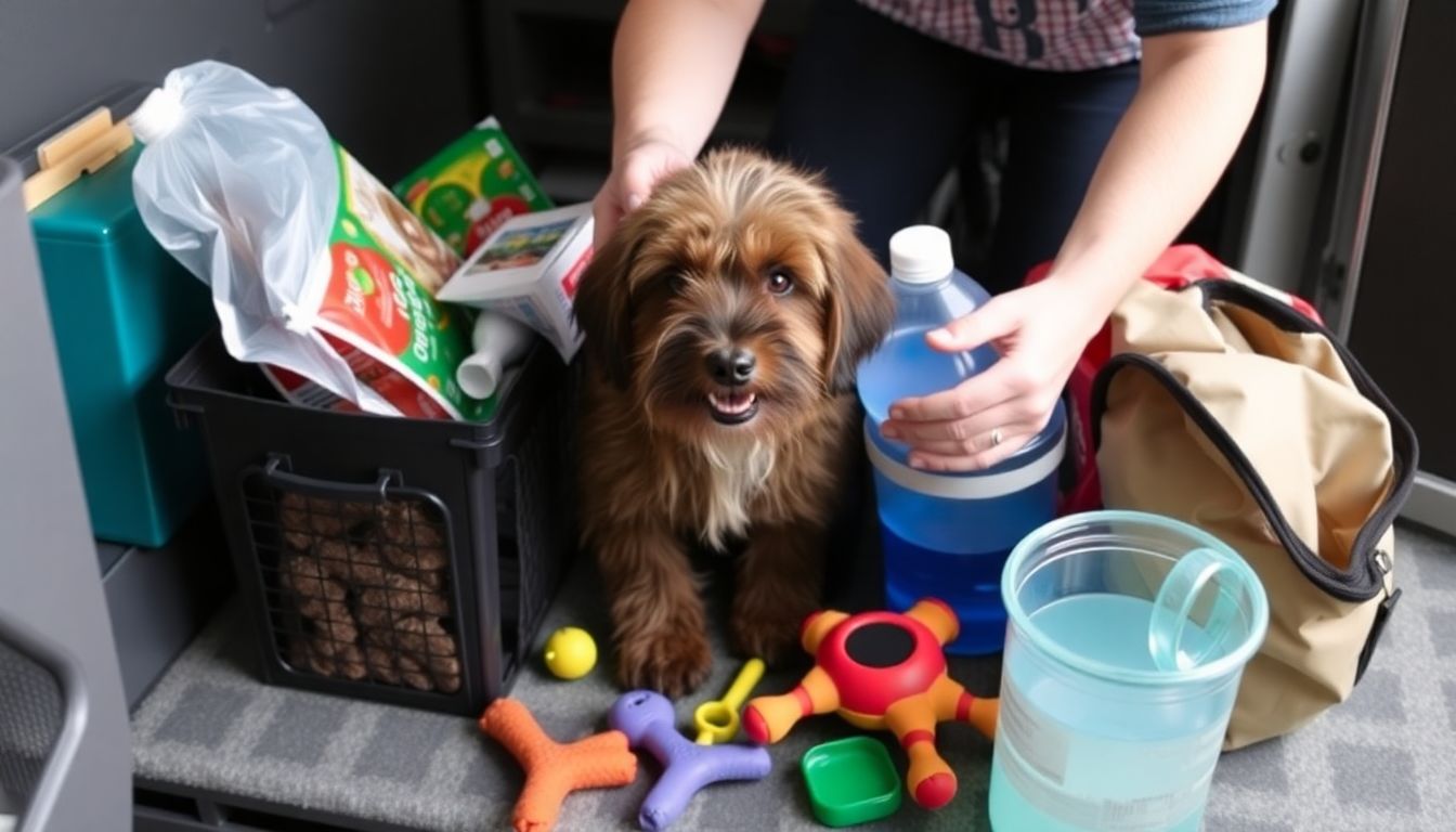 A person preparing an emergency kit for their pet, with pet food, water, toys, and a pet carrier visible.