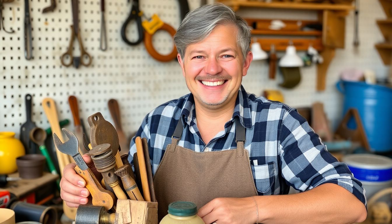 A person repurposing old items into useful tools and supplies, with a satisfied smile on their face.