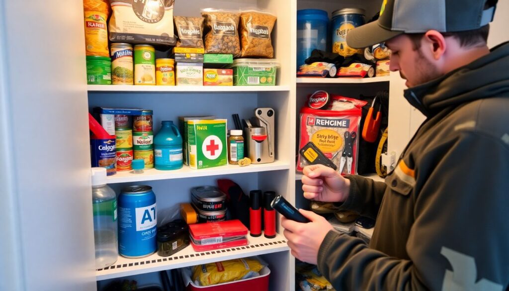 A well-organized pantry filled with non-perishable food items, a first aid kit, emergency water supply, and essential tools like a flashlight and multi-tool, all neatly stored in a tidy, secure space. A person in outdoor clothing is checking the supplies, ready to face any challenge.