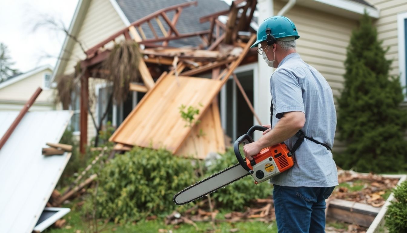 A homeowner inspecting storm damage to their property, with a chainsaw and safety gear in hand.