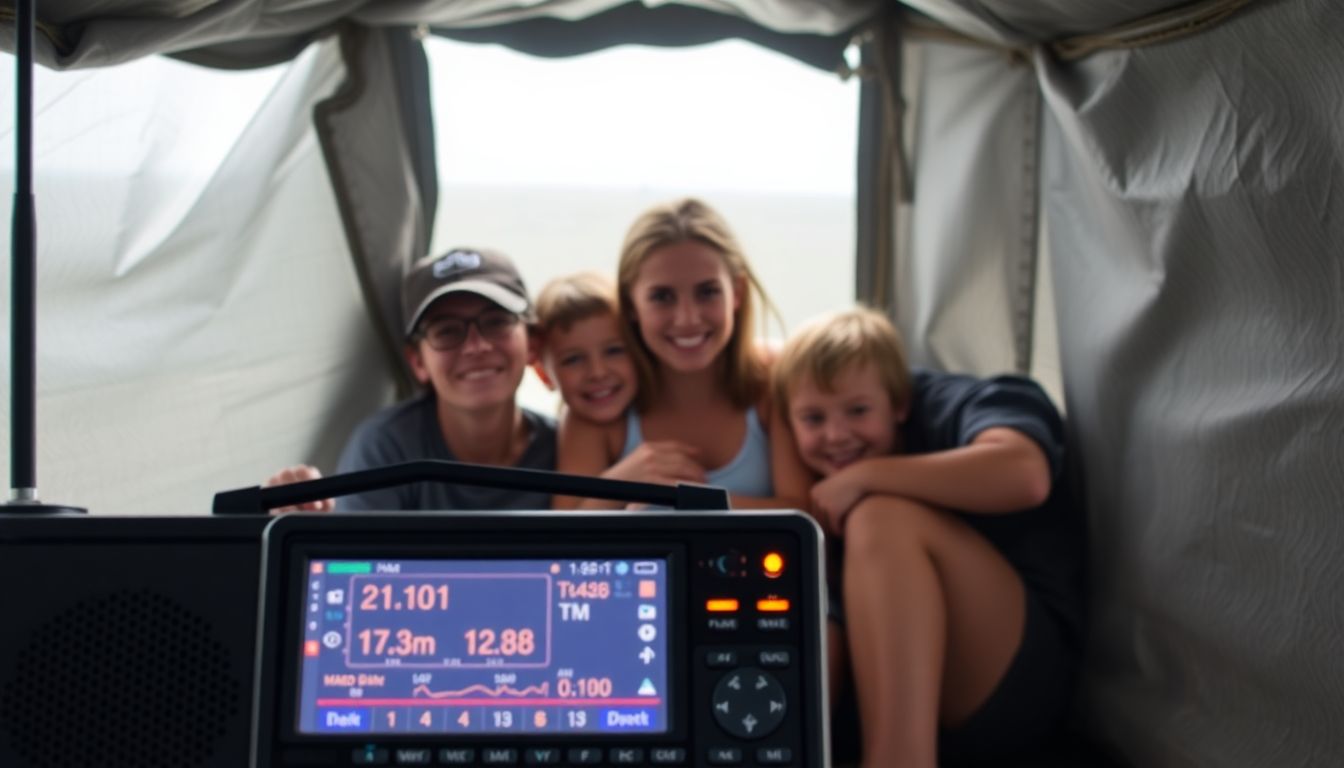 A family huddled together in a hurricane shelter, with a radio broadcasting updates in the foreground.