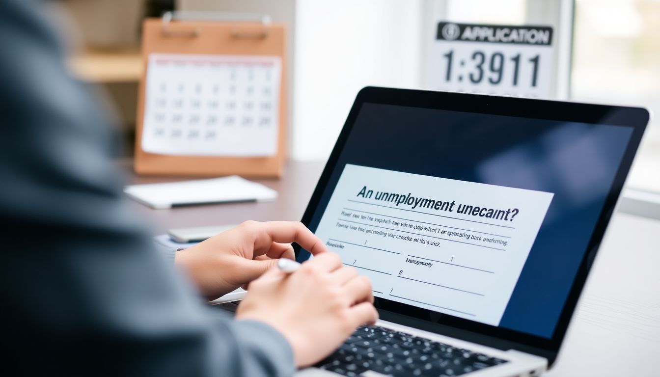 A person filling out an unemployment application on a laptop, with a calendar showing the application deadline in the background.