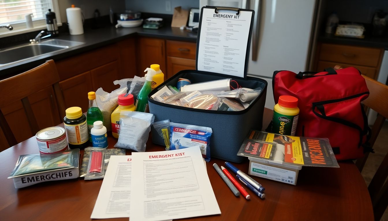 A well-stocked emergency kit on a kitchen table, with a checklist in the background.