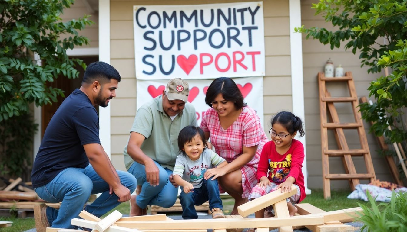 A family working together to rebuild their home, with a community support sign in the background.