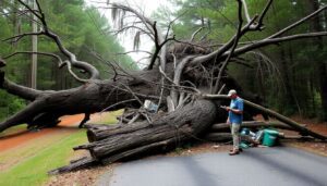 A storm-tossed tree blocking a rural road in western NC, with a determined prepper in the foreground, checking their emergency supplies.