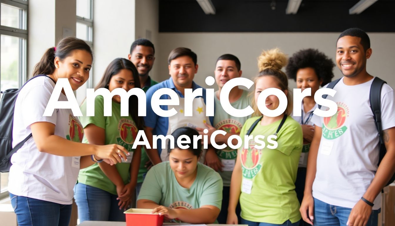 A diverse group of AmeriCorps volunteers working together, with the organization's logo prominently displayed.